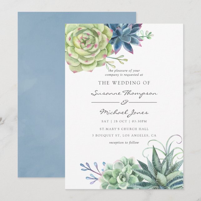 Watercolor Desert Cactus Succulents Wedding Invitation (Front/Back)