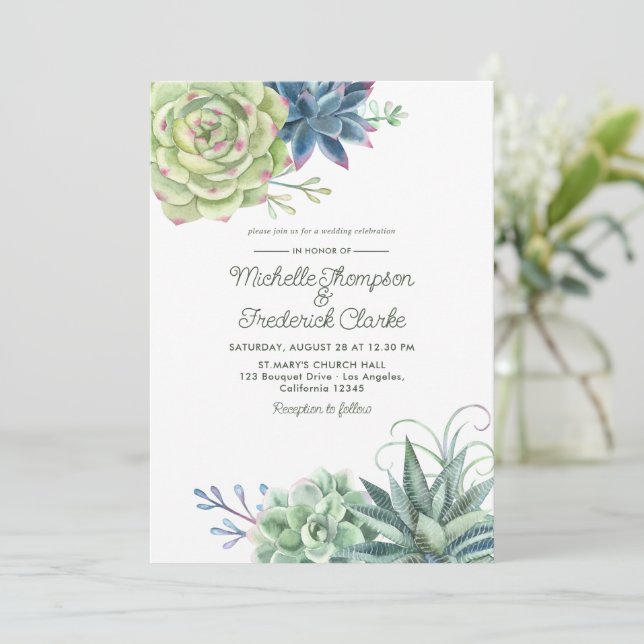 Watercolor Desert Cactus Succulents Wedding Invite (Standing Front)