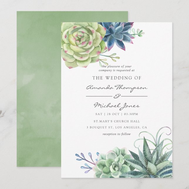 Watercolor Desert Cactus Succulents Wedding Invite (Front/Back)