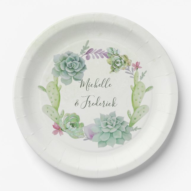 Watercolor Desert Cactus Succulents Wedding Paper Plate (Front)