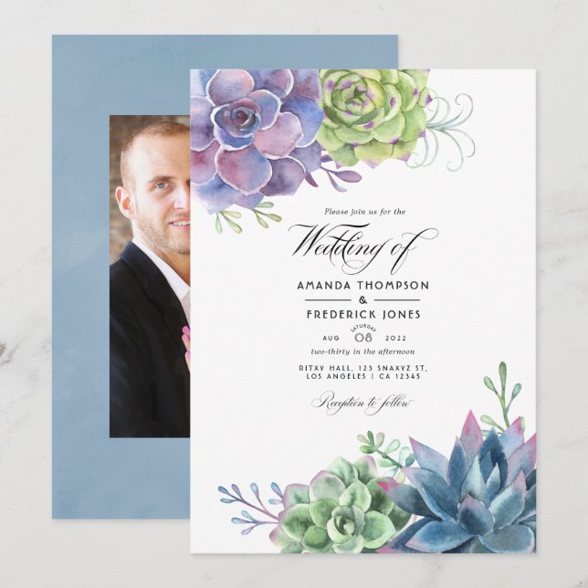Watercolor Desert Cactus Succulents Wedding Photo Invitation (Front/Back)