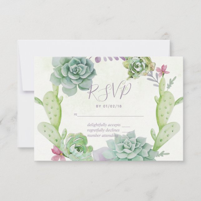 Watercolor Desert Cactus Succulents Wedding RSVP Card (Front)