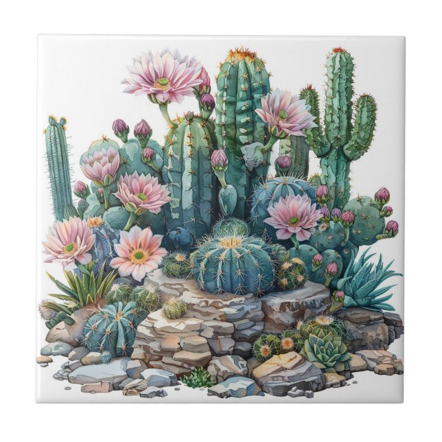 Watercolor desert flowers cacti. tile (Front)
