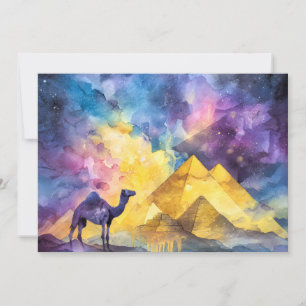 Watercolor Desert Galaxy Camel Pyramid Travel Announcement