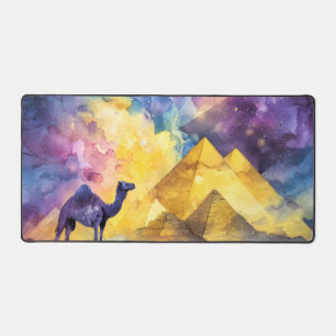 Watercolor Desert Galaxy Camel Pyramid Travel Desk Mat