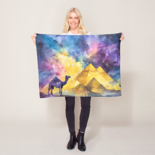 Watercolor Desert Galaxy Camel Pyramid Travel Fleece Blanket