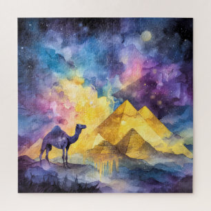 Watercolor Desert Galaxy Camel Pyramid Travel Jigsaw Puzzle