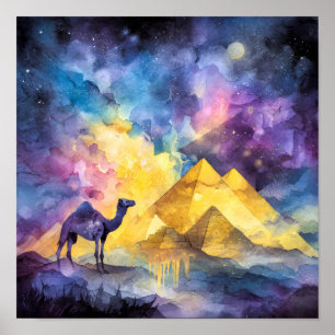 Watercolor Desert Galaxy Camel Pyramid Travel Poster