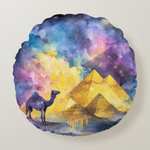 Watercolor Desert Galaxy Camel Pyramid Travel Round Cushion