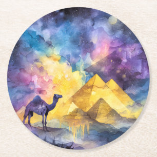 Watercolor Desert Galaxy Camel Pyramid Travel Round Paper Coaster