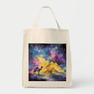Watercolor Desert Galaxy Camel Pyramid Travel Tote Bag