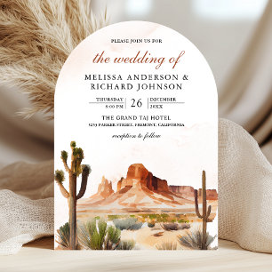 Watercolor Desert Mountain Cactus QR Code Wedding Invitation