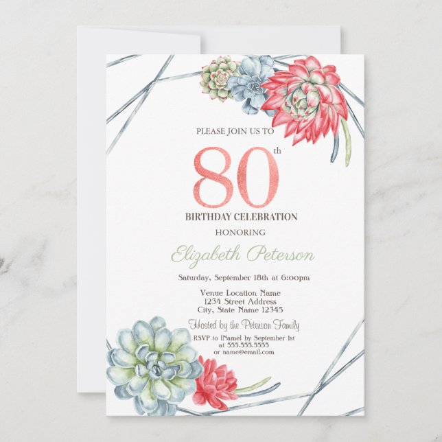 Watercolor Desert Red Succulents 80th Birthday Invitation (Front)