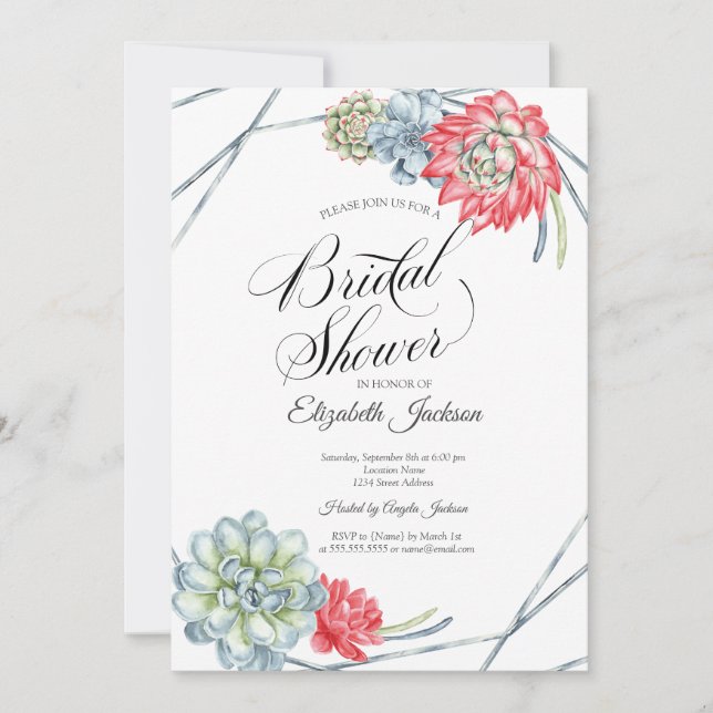 Watercolor Desert Red Succulents Bridal Shower  Invitation (Front)