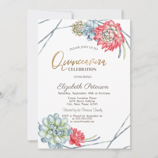 Watercolor Desert  Red Succulents Quinceañera Invitation (Front)
