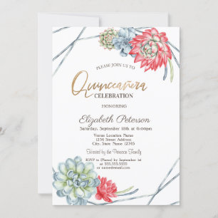 Watercolor Desert Red Succulents Quinceañera Invitation