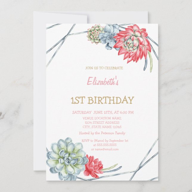 Watercolor Desert Red Succulents Striped Birthday  Invitation (Front)