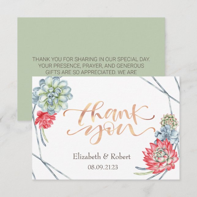 Watercolor Desert Red Succulents Thank You Card (Front/Back)