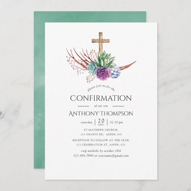 Watercolor Desert Succulent Confirmation Invitation (Front/Back)