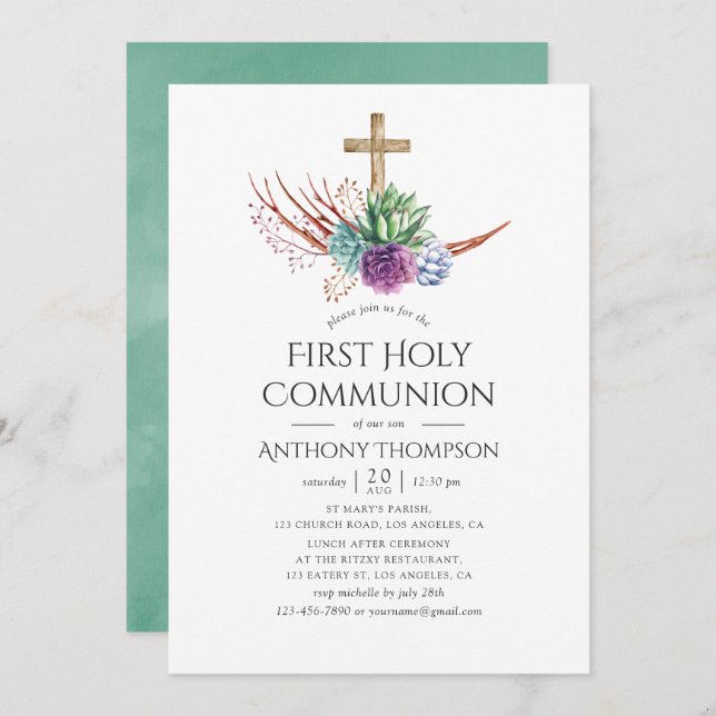 Watercolor Desert Succulent First Holy Communion Invitation (Front/Back)