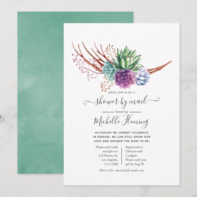 Watercolor Desert Succulents Baby Shower by Mail Invitation (Front/Back)