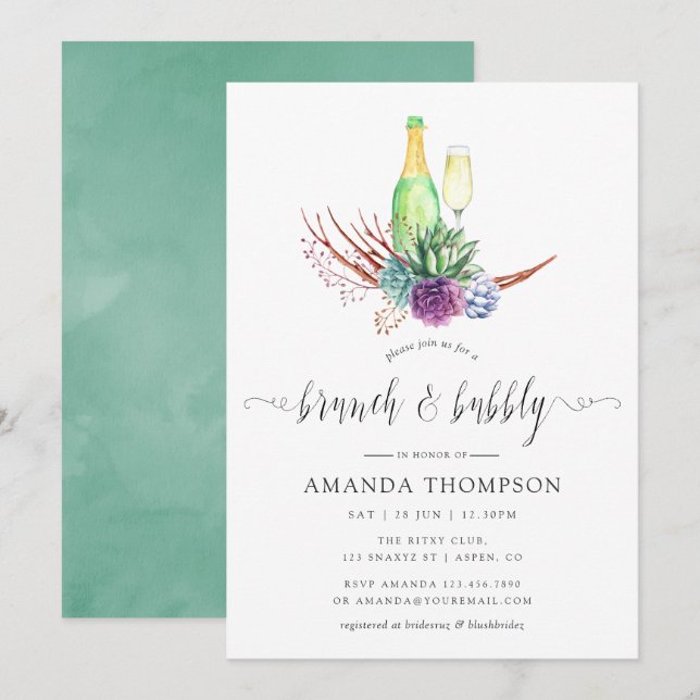 Watercolor Desert Succulents Brunch and Bubbly Invitation (Front/Back)