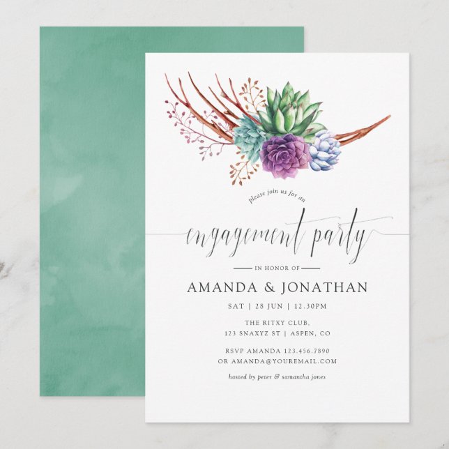 Watercolor Desert Succulents Engagement Party Invitation (Front/Back)
