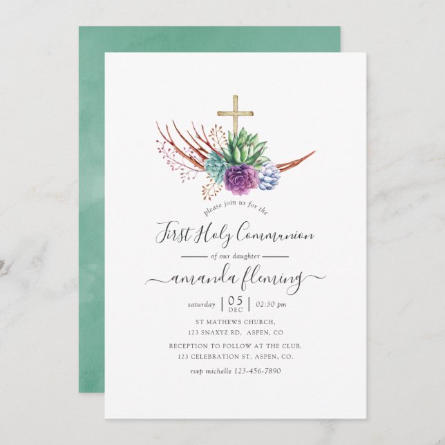 Watercolor Desert Succulents First Holy Communion Invitation (Front/Back)