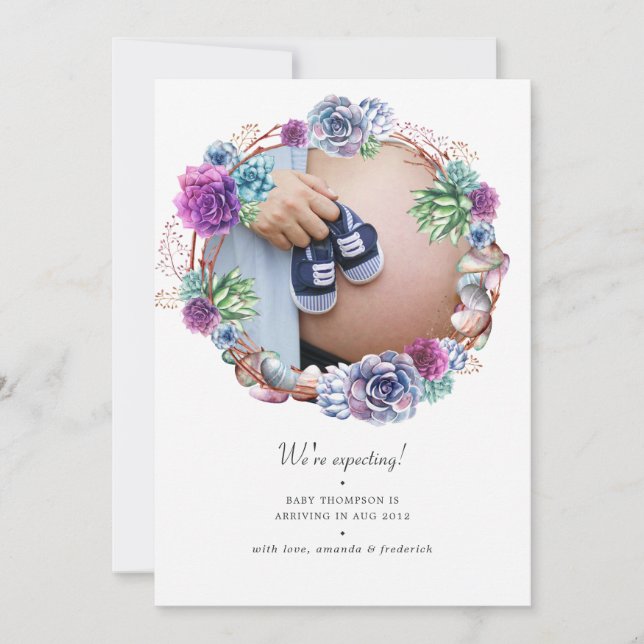 Watercolor Desert Succulents Photo Pregnancy Announcement (Front)