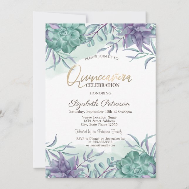 Watercolor Desert Succulents Quinceañera Invitation (Front)