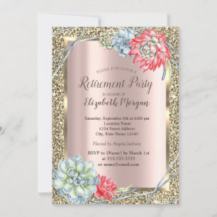 Watercolor Desert Succulents Rose Gold Retirement Invitation