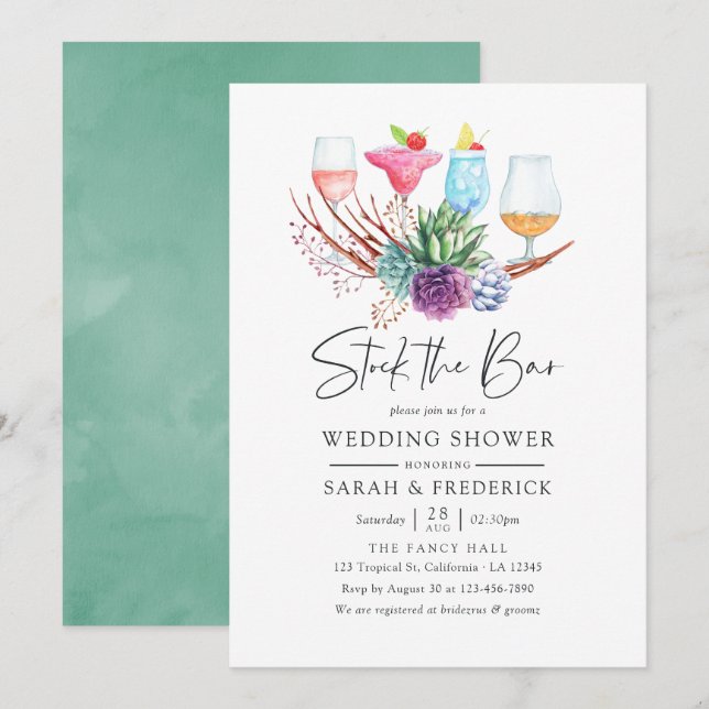 Watercolor Desert Succulents Stock the Bar Invitation (Front/Back)