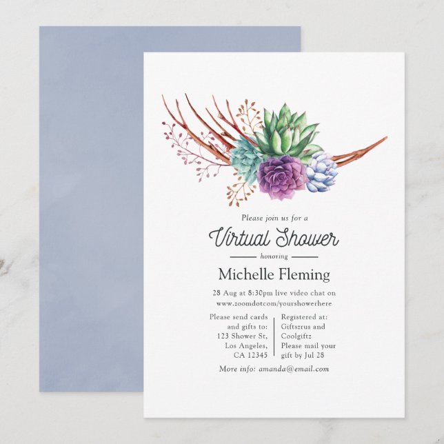 Watercolor Desert Succulents Virtual Baby Shower Invitation (Front/Back)