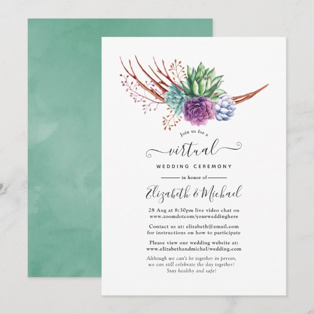 Watercolor Desert Succulents Virtual Wedding Invitation (Front/Back)