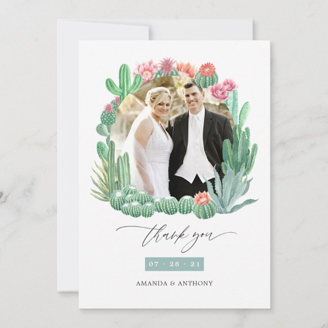 Watercolor Desert Succulents Wedding Photo Collage Thank You Card (Front)