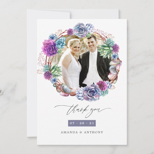 Watercolor Desert Succulents Wedding Photo Thank You Card (Front)