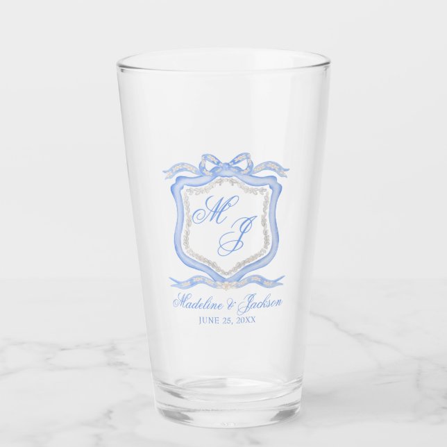 Watercolor Designer Blue Monogram Crest Glass (Front)