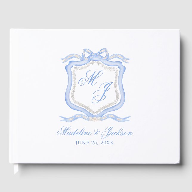 Watercolor Designer Blue Monogram Crest Guest Book (Front)