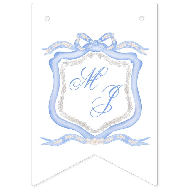 Watercolor Designer Blue Monogram Crest Wedding Bunting (First Flag)