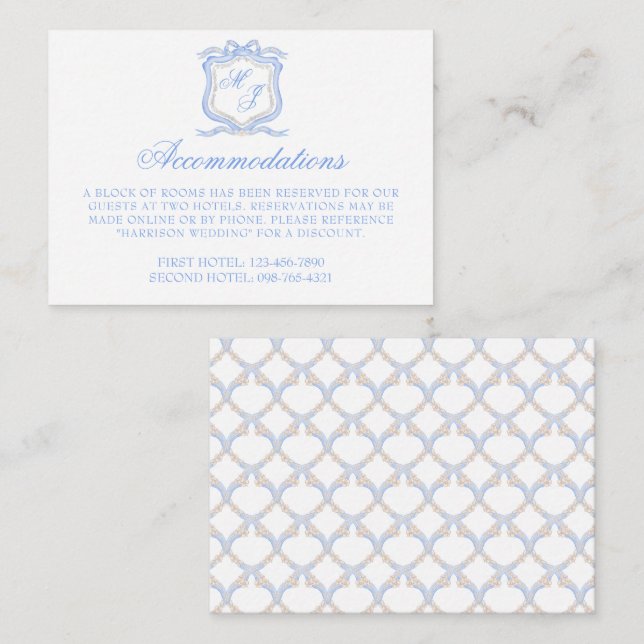 Watercolor Designer Blue Monogram Crest Wedding Enclosure Card (Front/Back)
