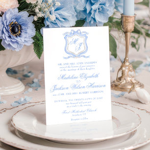 Watercolor Designer Blue Monogram Crest Wedding Invitation