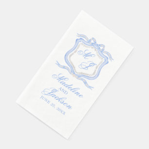 Watercolor Designer Blue Monogram Crest Wedding Napkin