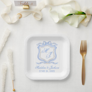 Watercolor Designer Blue Monogram Crest Wedding Paper Plate