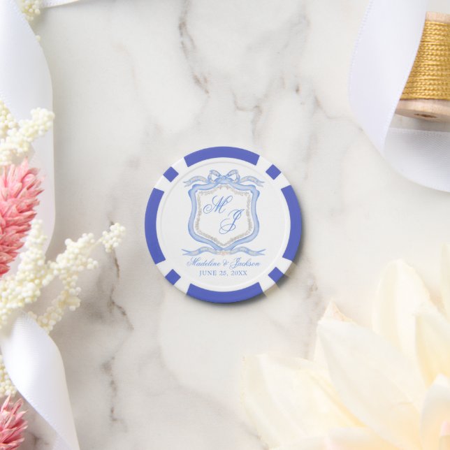 Watercolor Designer Blue Monogram Crest Wedding Poker Chips (Wedding)