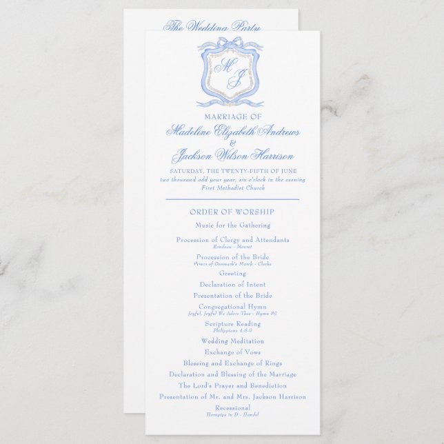 Watercolor Designer Blue Monogram Crest Wedding Programme (Front/Back)
