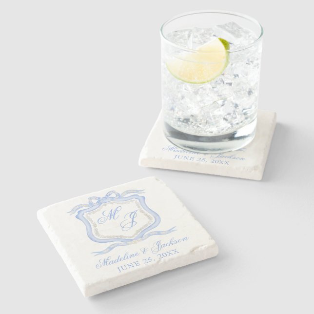 Watercolor Designer Blue Monogram Crest Wedding Stone Coaster (Side)