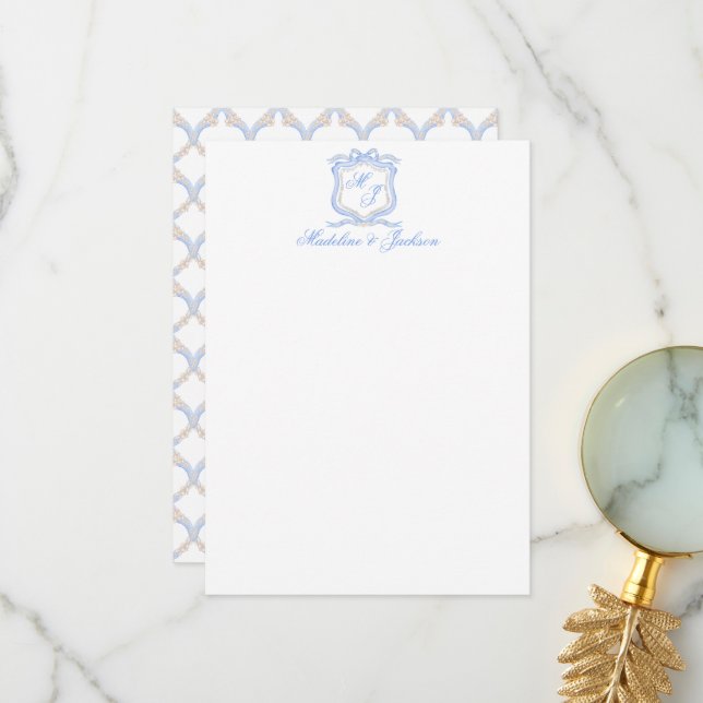 Watercolor Designer Blue Monogram Crest Wedding Thank You Card (Front/Back In Situ)