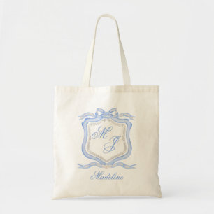 Watercolor Designer Blue Monogram Crest Wedding Tote Bag