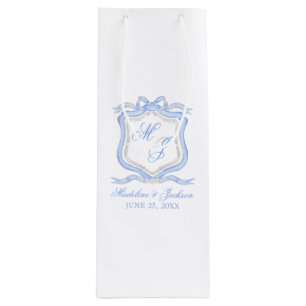 Watercolor Designer Blue Monogram Crest Wedding Wine Gift Bag