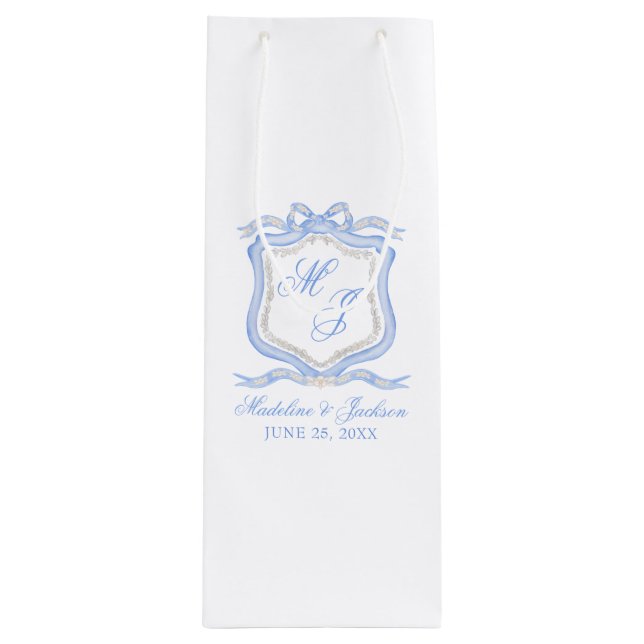 Watercolor Designer Blue Monogram Crest Wedding Wine Gift Bag (Front)